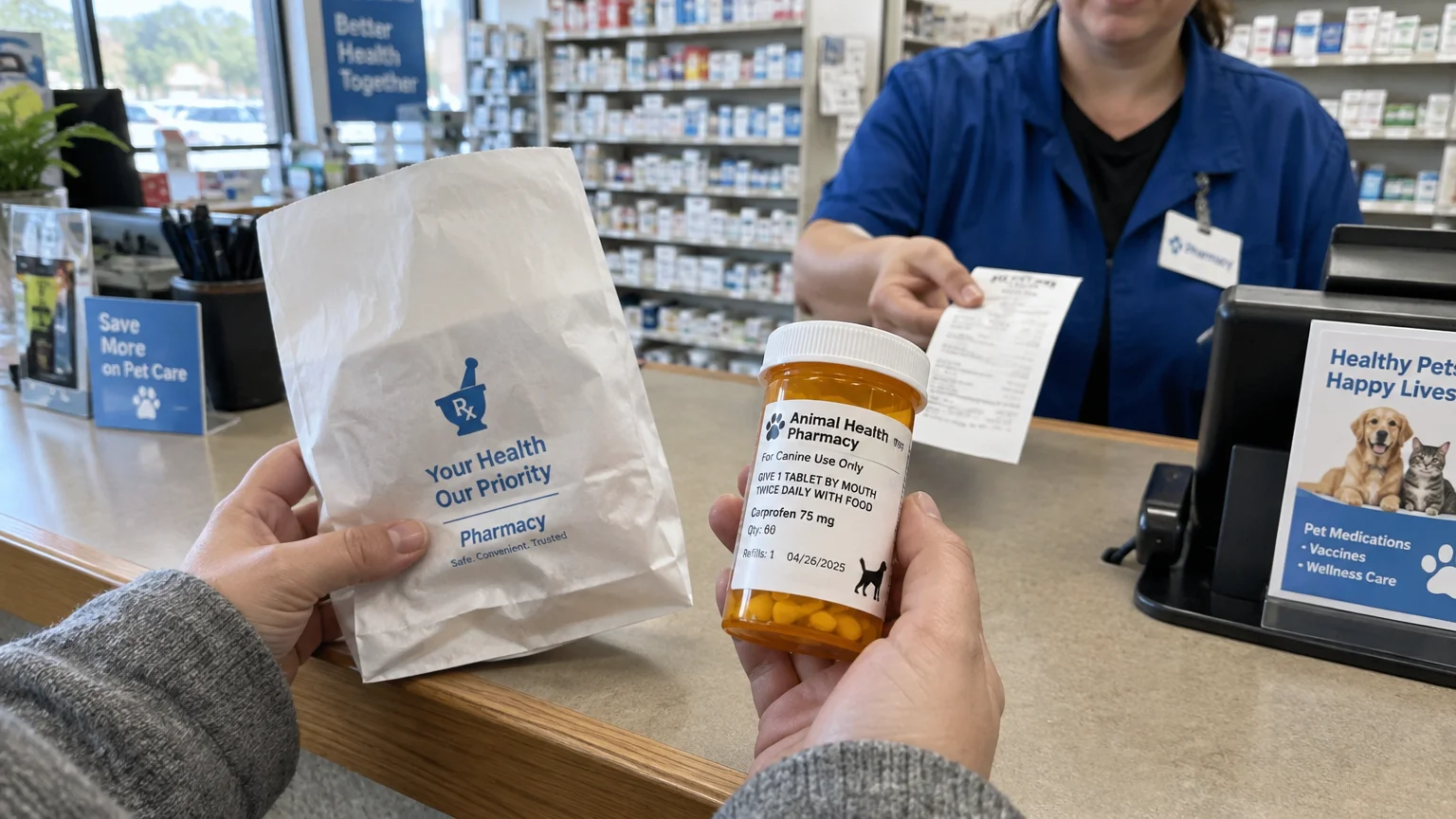 A customer holds a prescription bottle for pet medication and a pharmacy bag at a checkout counter.