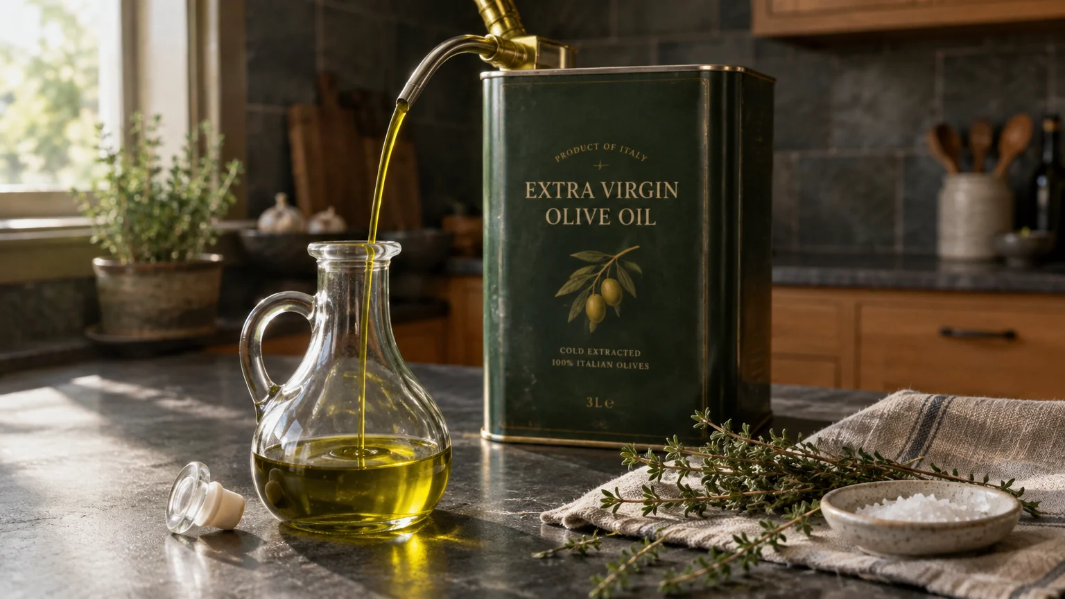 Olive oil pouring from a large green metal tin into a small clear glass cruet on a kitchen counter next to fresh thyme.