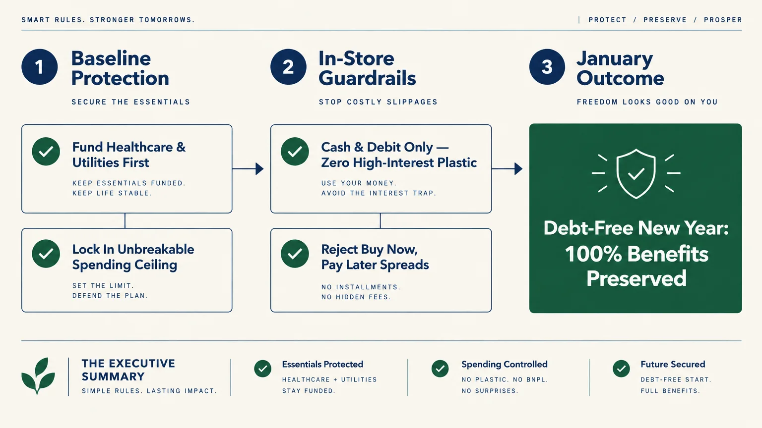 Flowchart showing three steps: baseline protection, in-store guardrails, and January outcome for a debt-free new year.