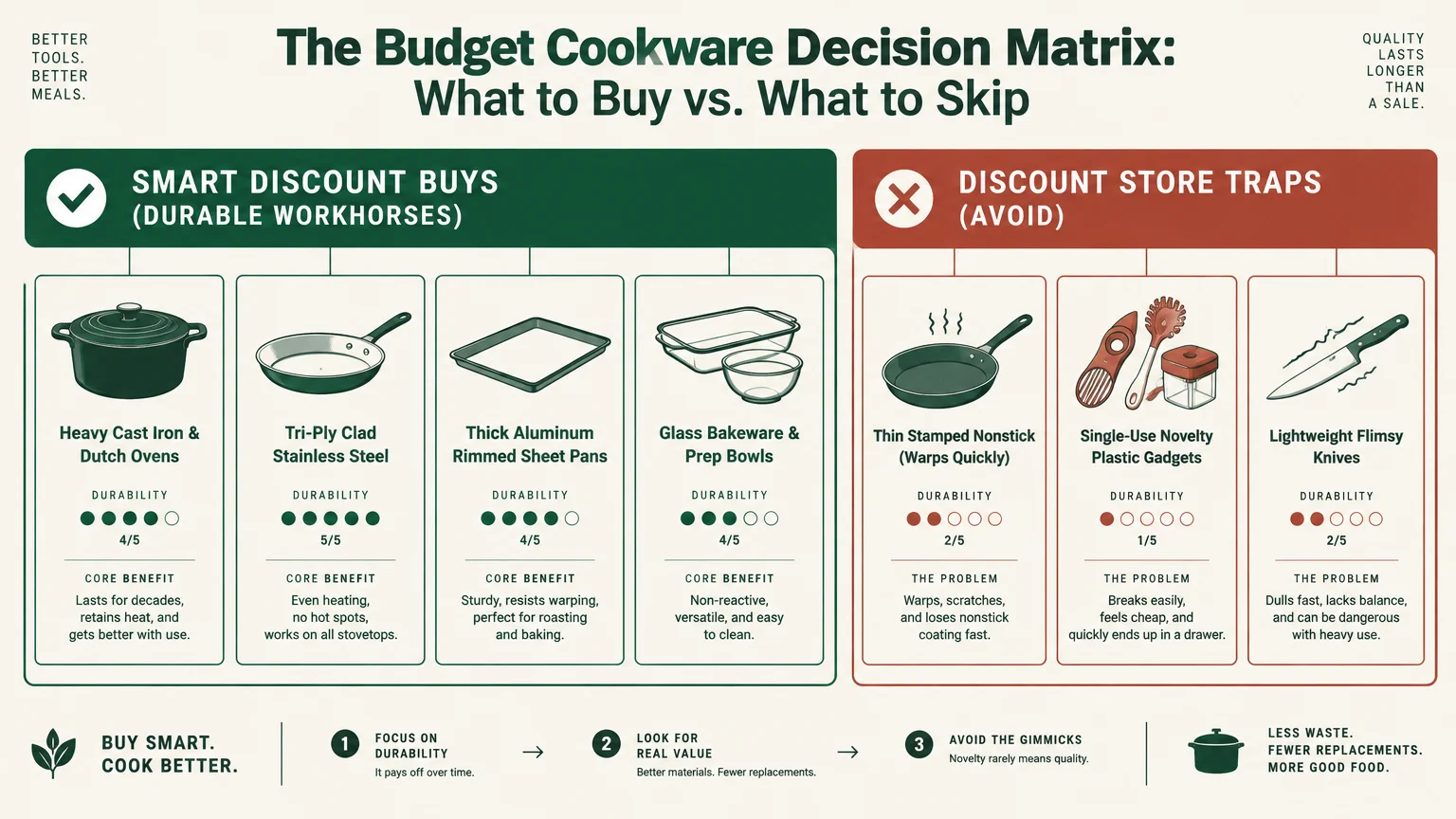 Decision matrix contrasting durable cookware to buy with flimsy discount store traps to avoid.