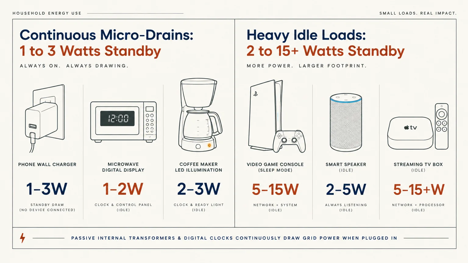 Diagram comparing standby power draw of small appliances and chargers against gaming consoles and streaming devices.