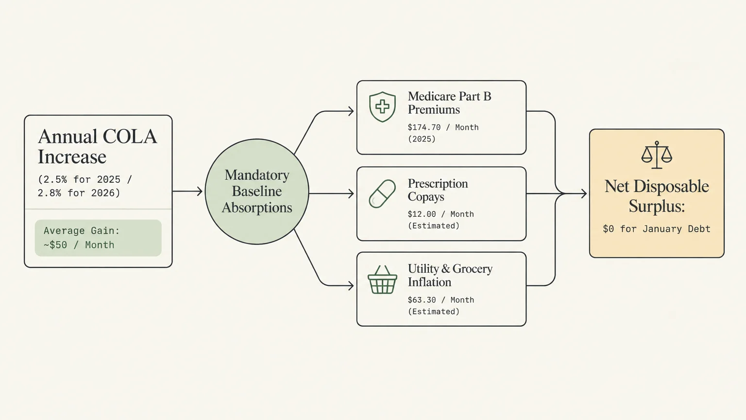 Flowchart tracing annual COLA increases absorbed by Medicare, copays, and inflation, resulting in zero net surplus for debt.