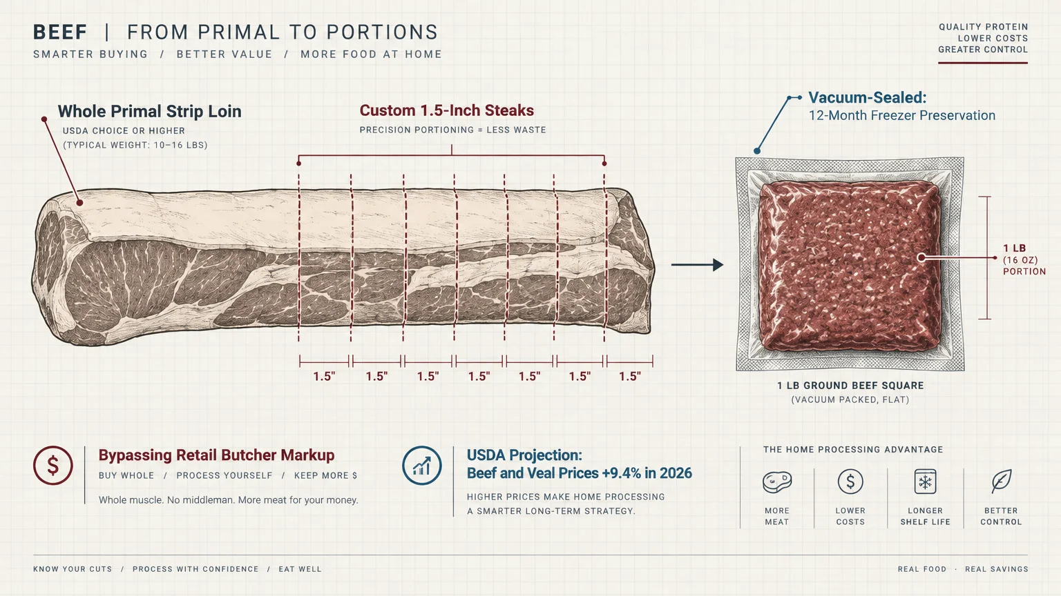 Diagram illustrating how to portion a whole primal strip loin into steaks next to a vacuum-sealed square of ground beef.