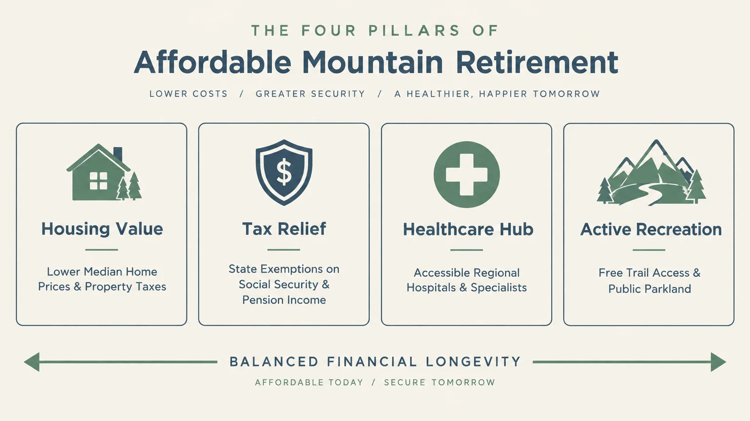 Diagram of four pillars of affordable mountain retirement: Housing Value, Tax Relief, Healthcare Hub, and Active Recreation.