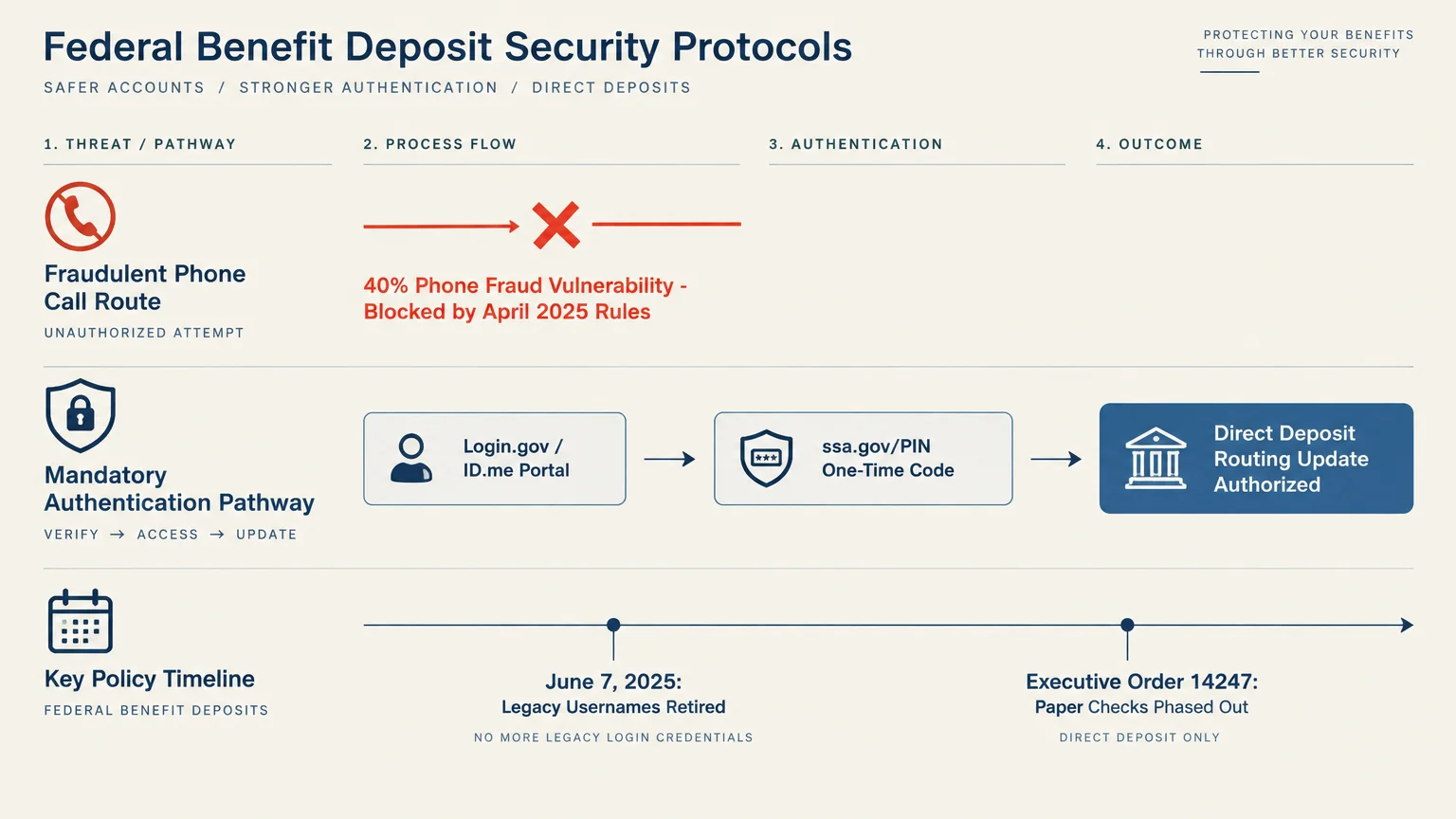 Flowchart of federal benefit security protocols detailing blocked phone routes, authentication pathways, and policy timeline.