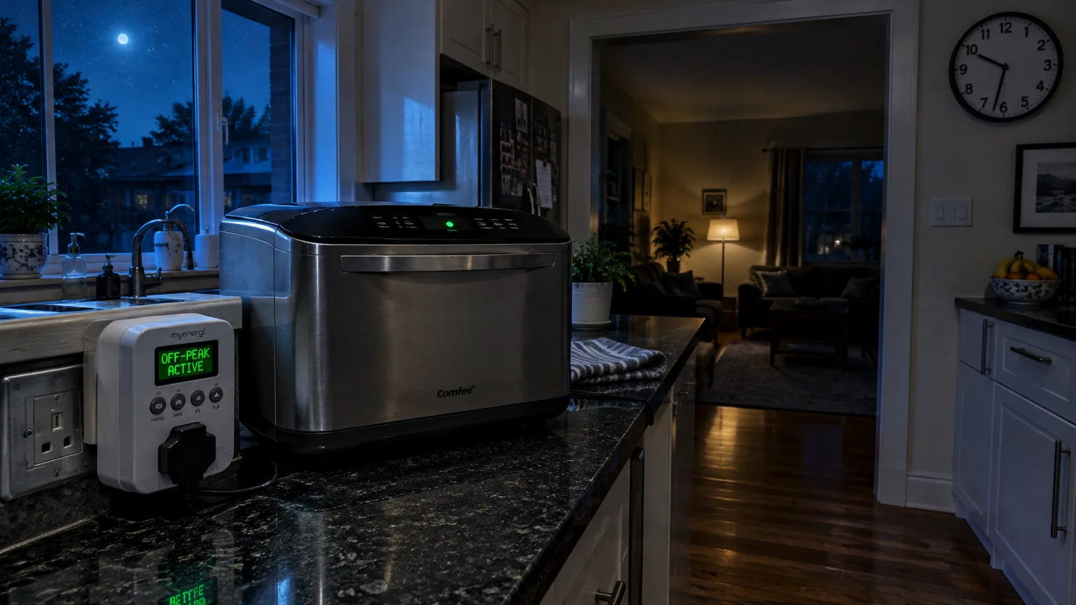 Countertop appliance plugged into a smart plug displaying "OFF-PEAK ACTIVE" on a dark kitchen counter at night.