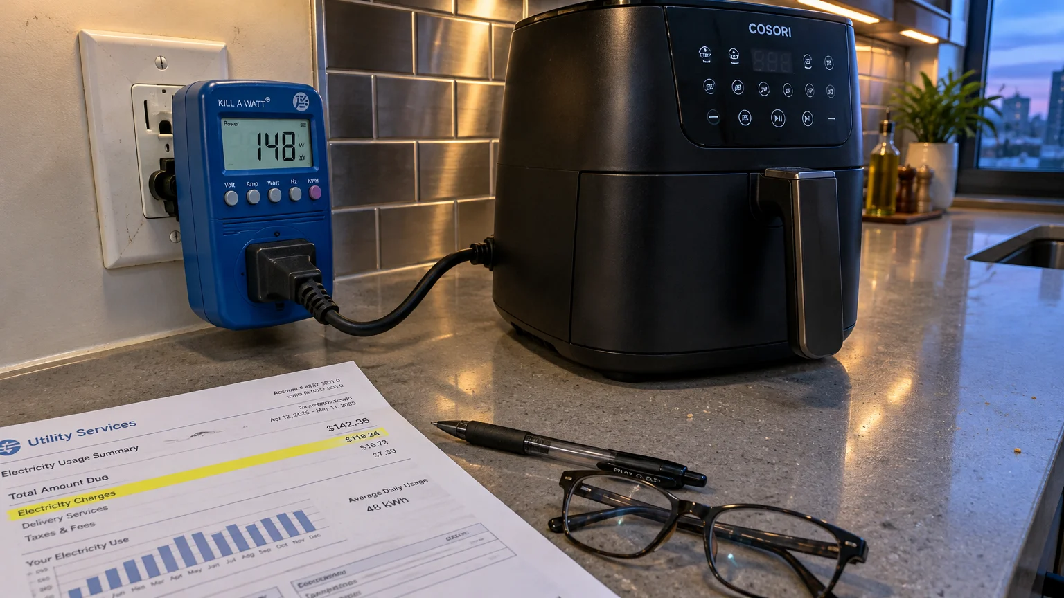 An air fryer plugged into a Kill A Watt electricity monitor next to an electric utility bill and glasses.
