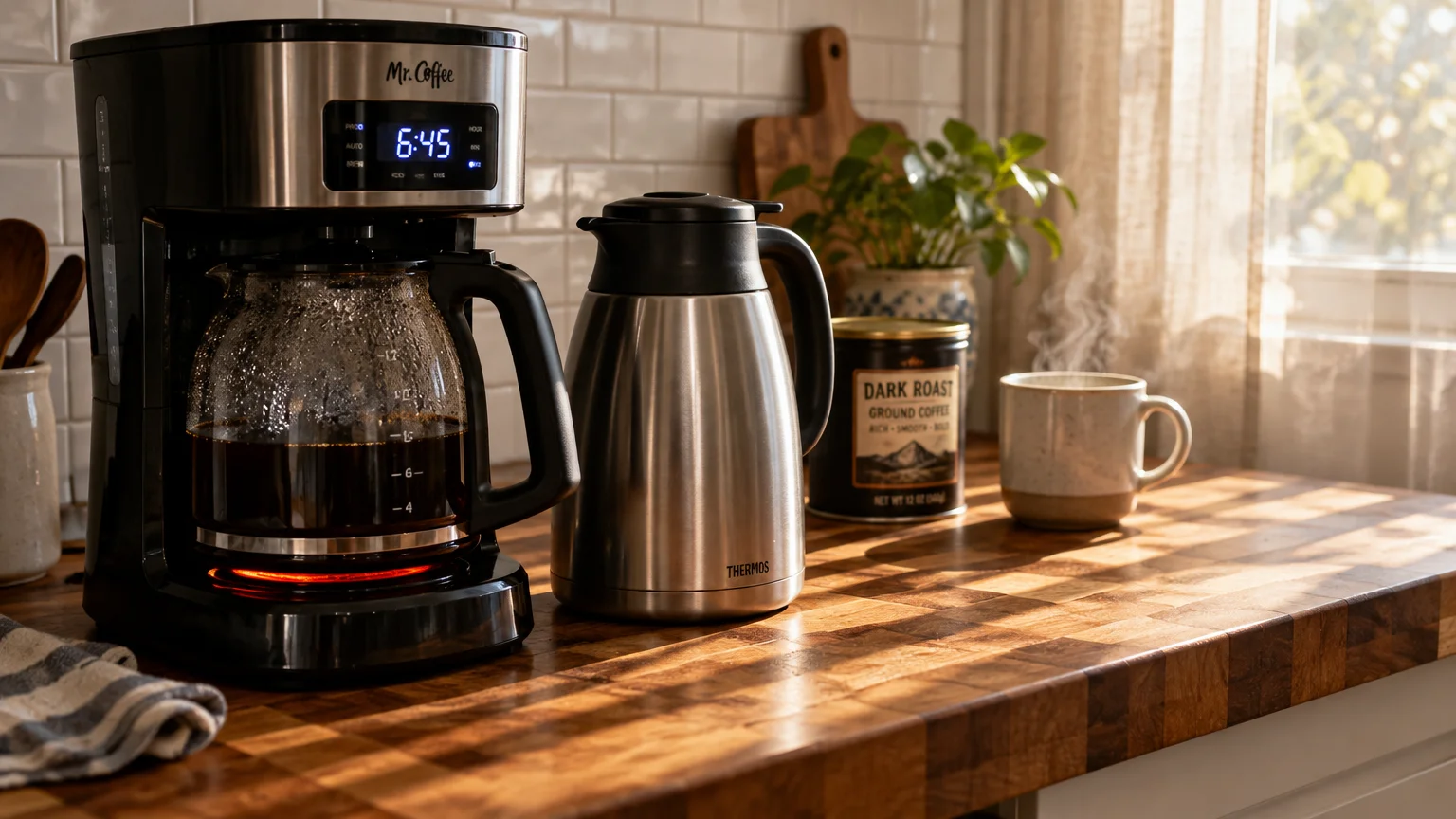 Drip coffee maker with a glowing warming plate next to a stainless steel thermal carafe on a sunny wooden kitchen counter.