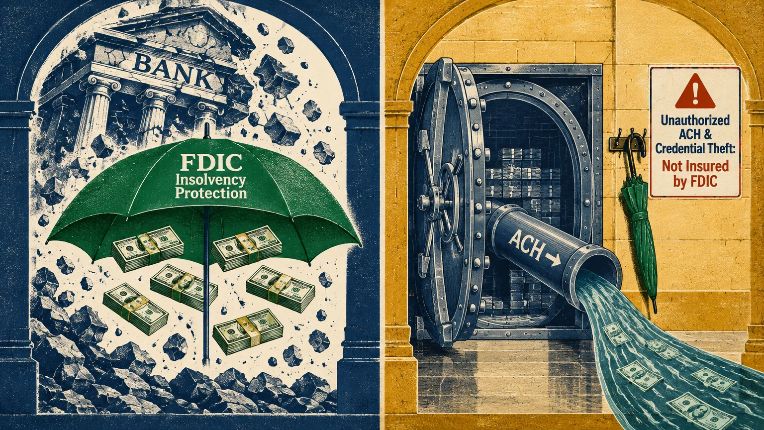 Split illustration contrasting an umbrella protecting cash from bank collapse with cash draining out of a vault pipe.
