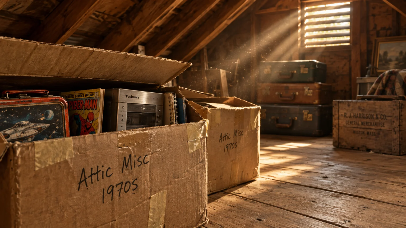Cardboard boxes labeled Attic Misc 1970s filled with vintage items, stacked in a sunlit wooden attic.