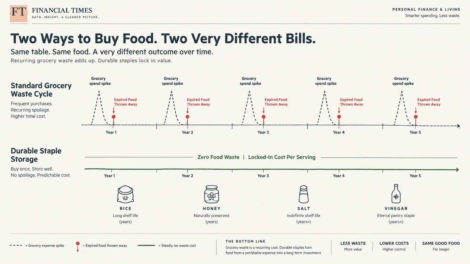 Diagram comparing recurring grocery spend spikes from expired food against steady, zero-waste durable staple storage over five years.