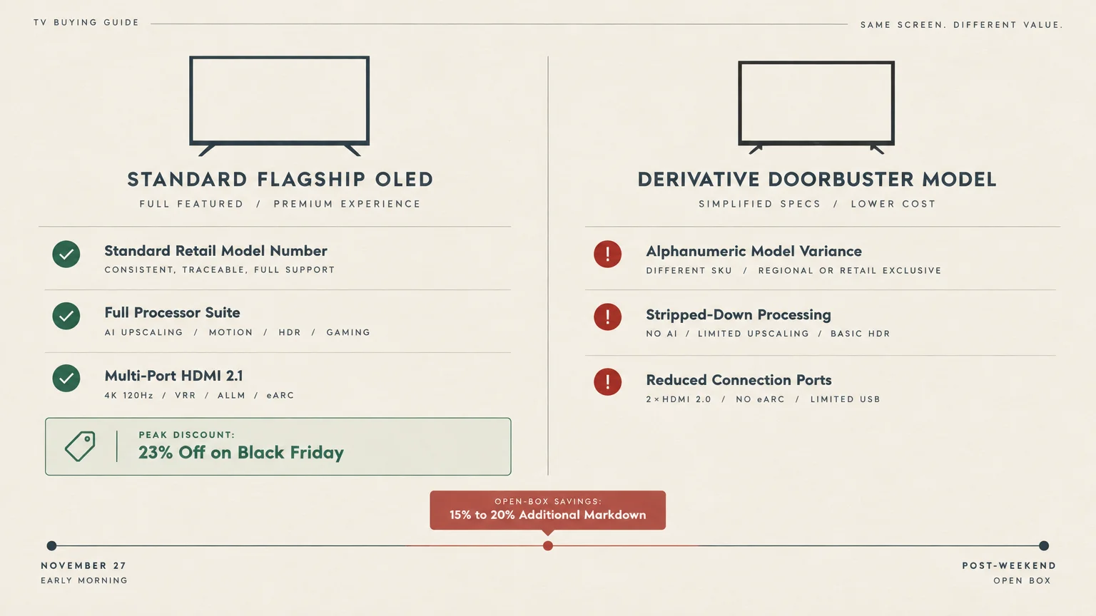 Diagram comparing features of a standard flagship OLED television against a derivative doorbuster model with reduced specs.
