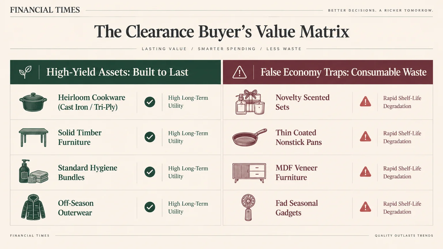 Comparison matrix showing high-yield assets with high long-term utility versus false economy traps with rapid degradation.