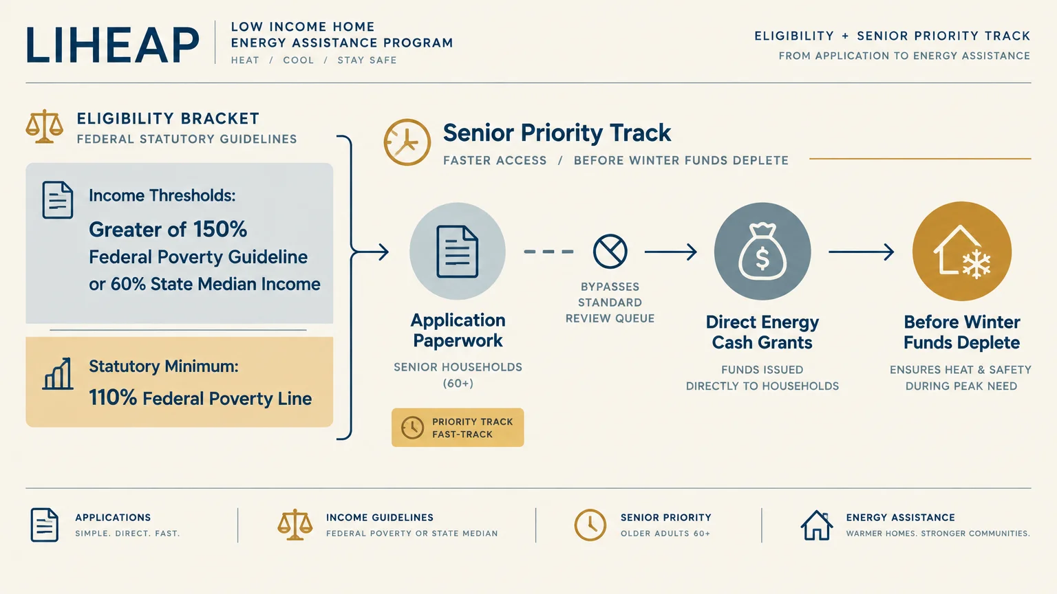 Diagram outlining LIHEAP federal eligibility brackets and the sequential senior priority track process to receive grants.