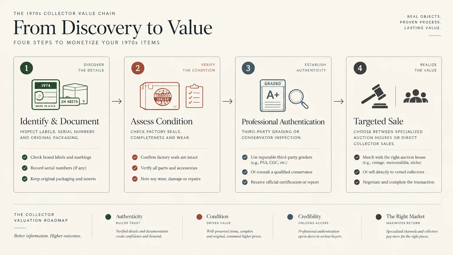 Diagram outlining four steps from discovery to value: identify, assess condition, professional authentication, and targeted sale.