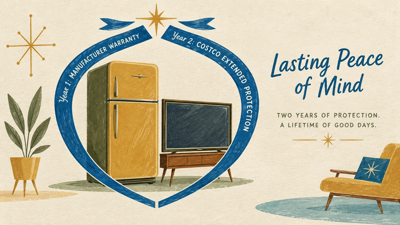 Mid-century style illustration showing a vintage refrigerator and television framed inside a blue ribbon, beside an armchair.