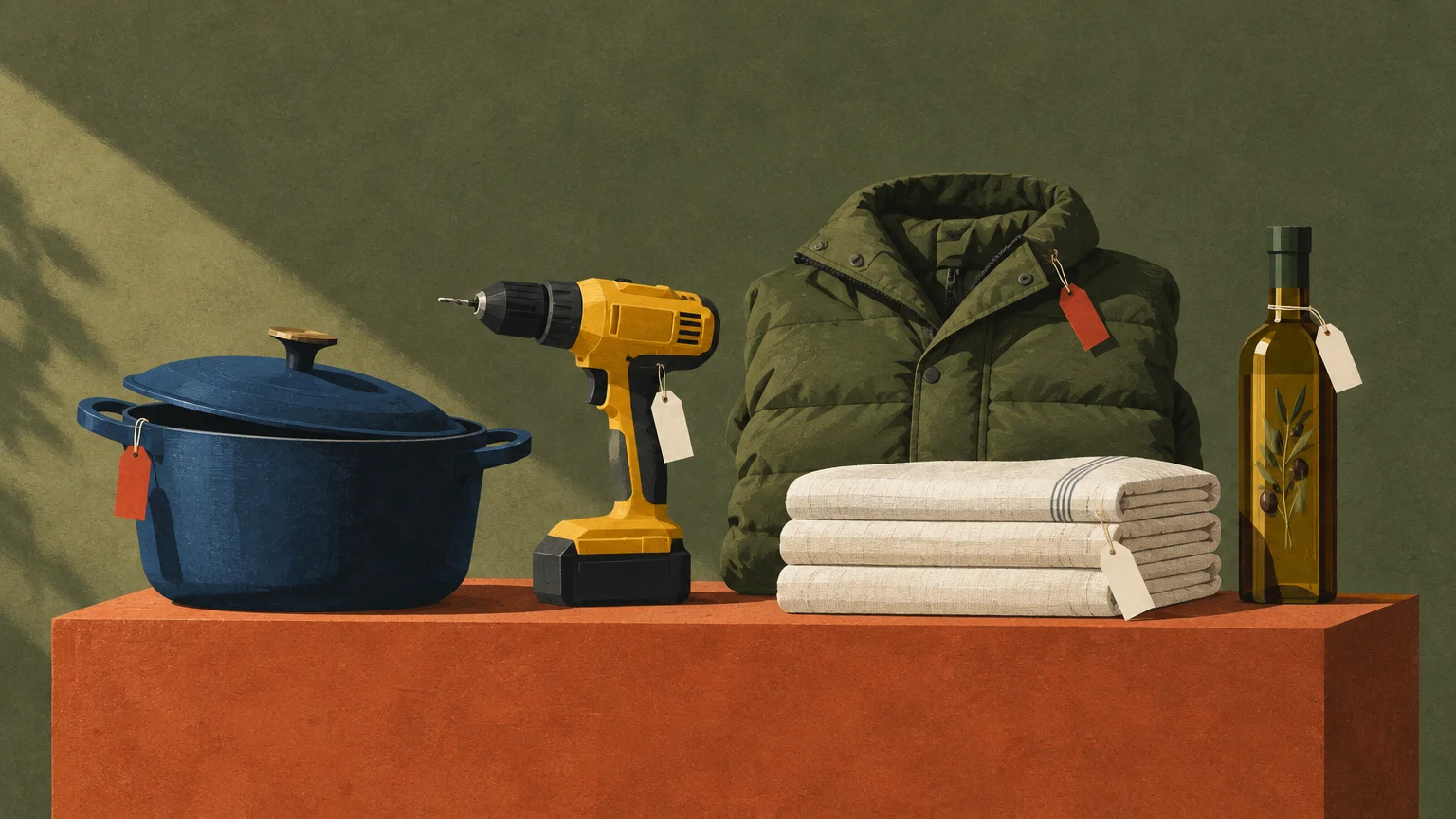 Illustration of a blue Dutch oven, yellow cordless drill, green puffer jacket, folded towels, and olive oil with price tags.