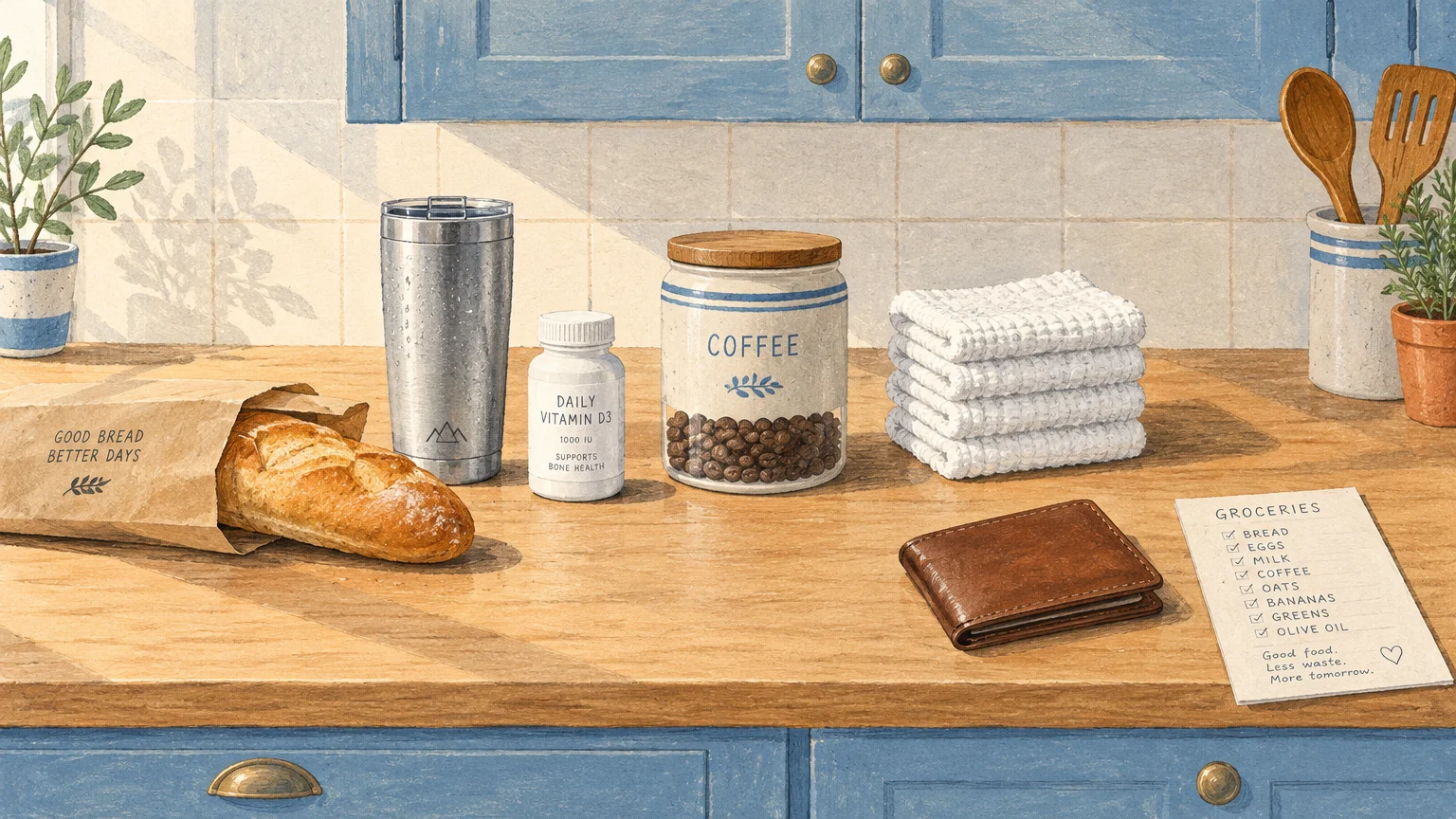 Illustration of bread, a tumbler, vitamins, coffee jar, folded towels, a wallet, and grocery list on a kitchen counter.