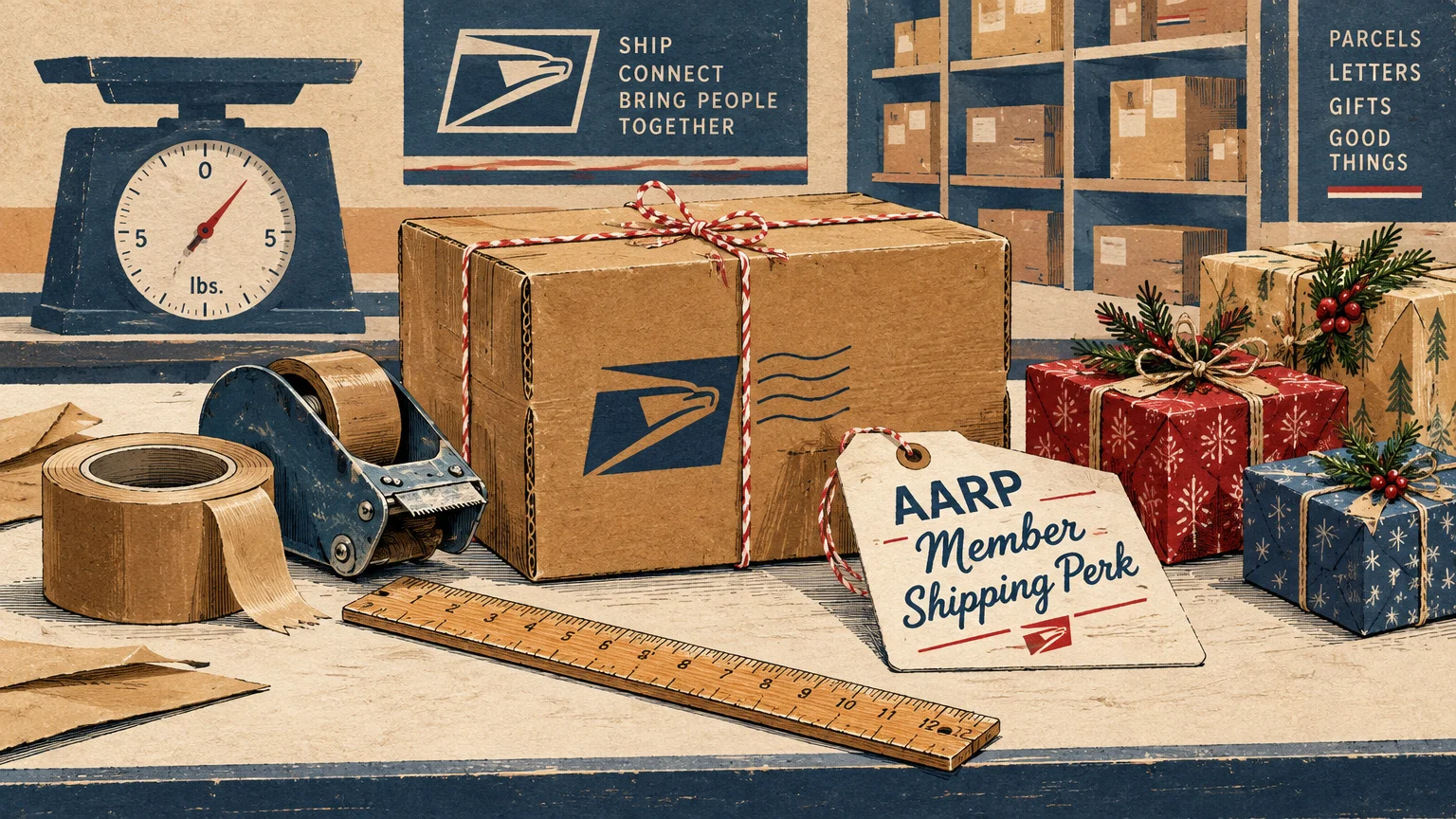 Illustration of wrapped gifts, a postal parcel, tape, a scale, and a tag reading AARP Member Shipping Perk.
