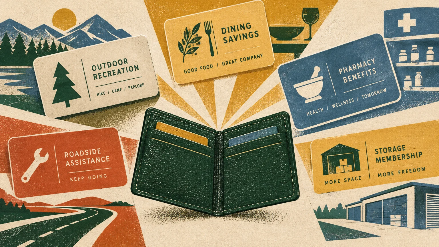 Illustration of an open wallet surrounded by cards for outdoor recreation, dining, pharmacy, roadside help, and storage.