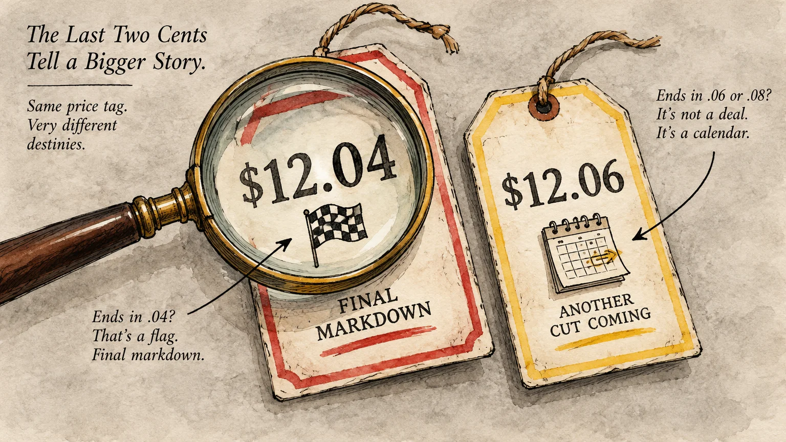 Illustration of two price tags showing $12.04 under a magnifying glass and $12.06 next to a small calendar icon.