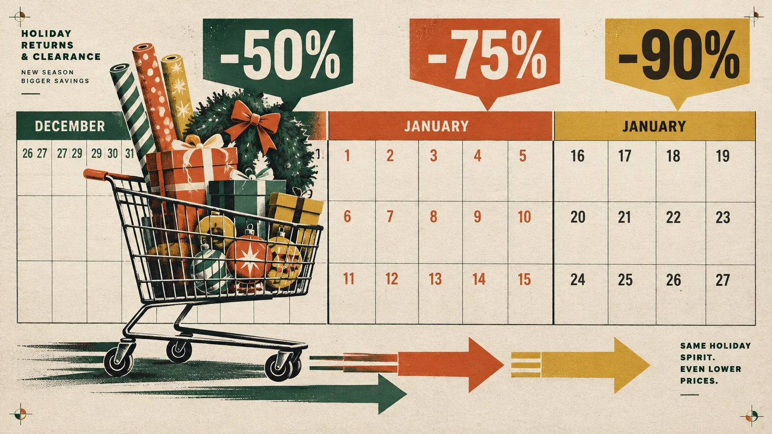 Shopping cart packed with holiday decor in front of a calendar showing clearance discounts reaching ninety percent off.