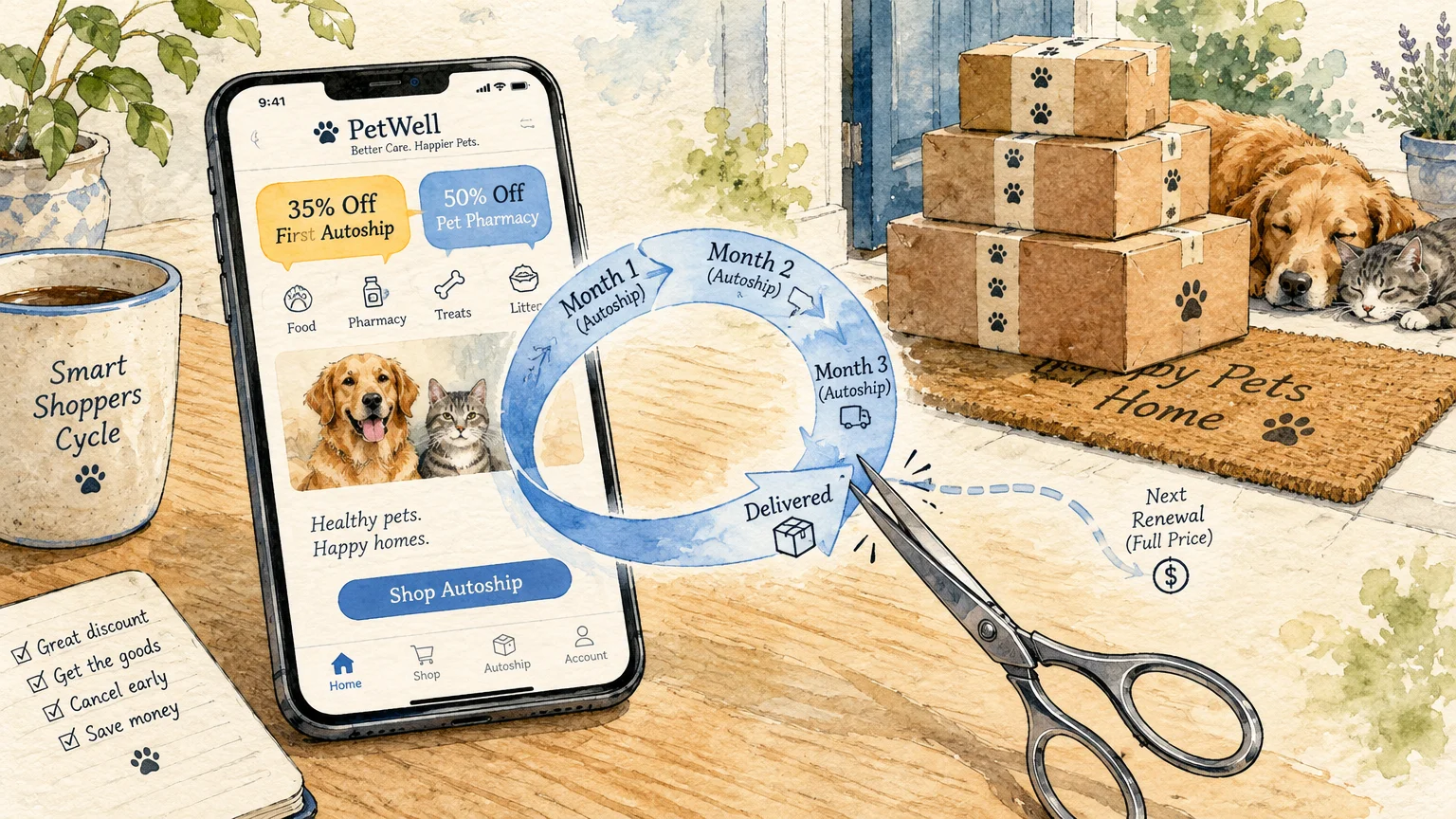 Watercolor art of a smartphone showing pet discounts, delivery boxes, and scissors cutting a subscription cycle.