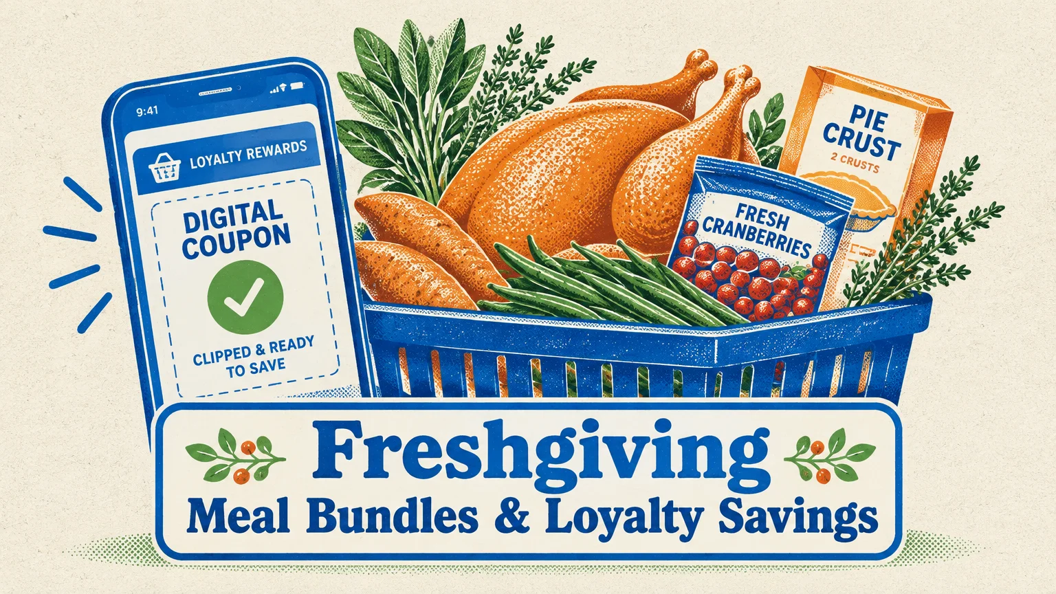 Illustration of a phone with a digital coupon next to a basket of Thanksgiving food and a Freshgiving banner.