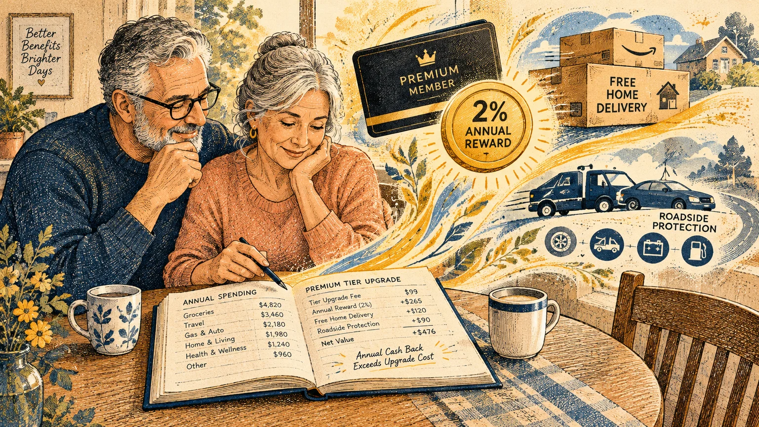 Illustration of an older couple calculating annual expenses in a ledger beside membership perks and a 2% reward coin.