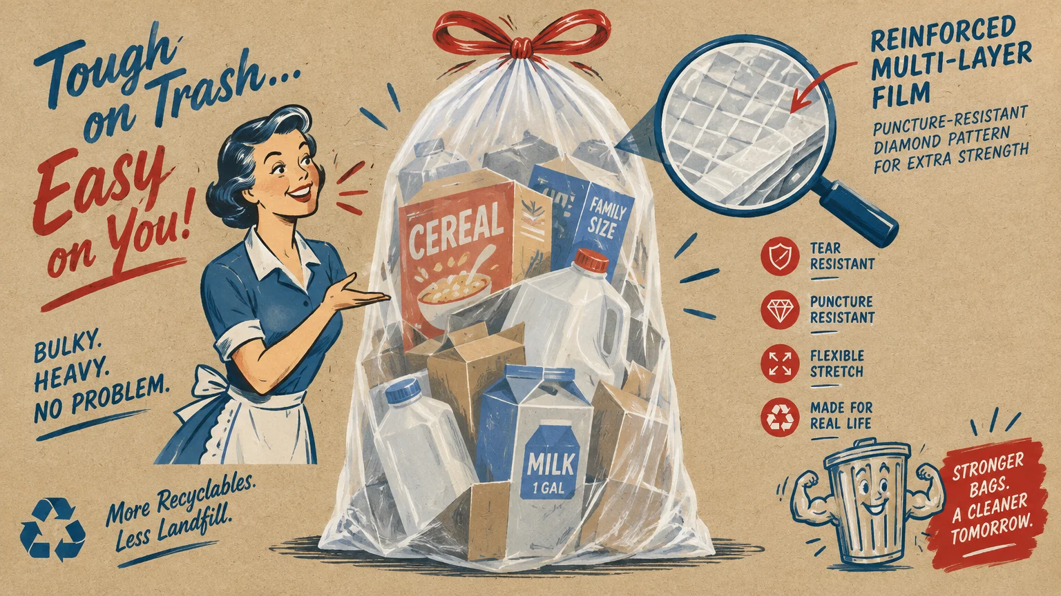 Vintage-style illustration of a smiling woman presenting a transparent, full trash bag tied with a red drawstring.