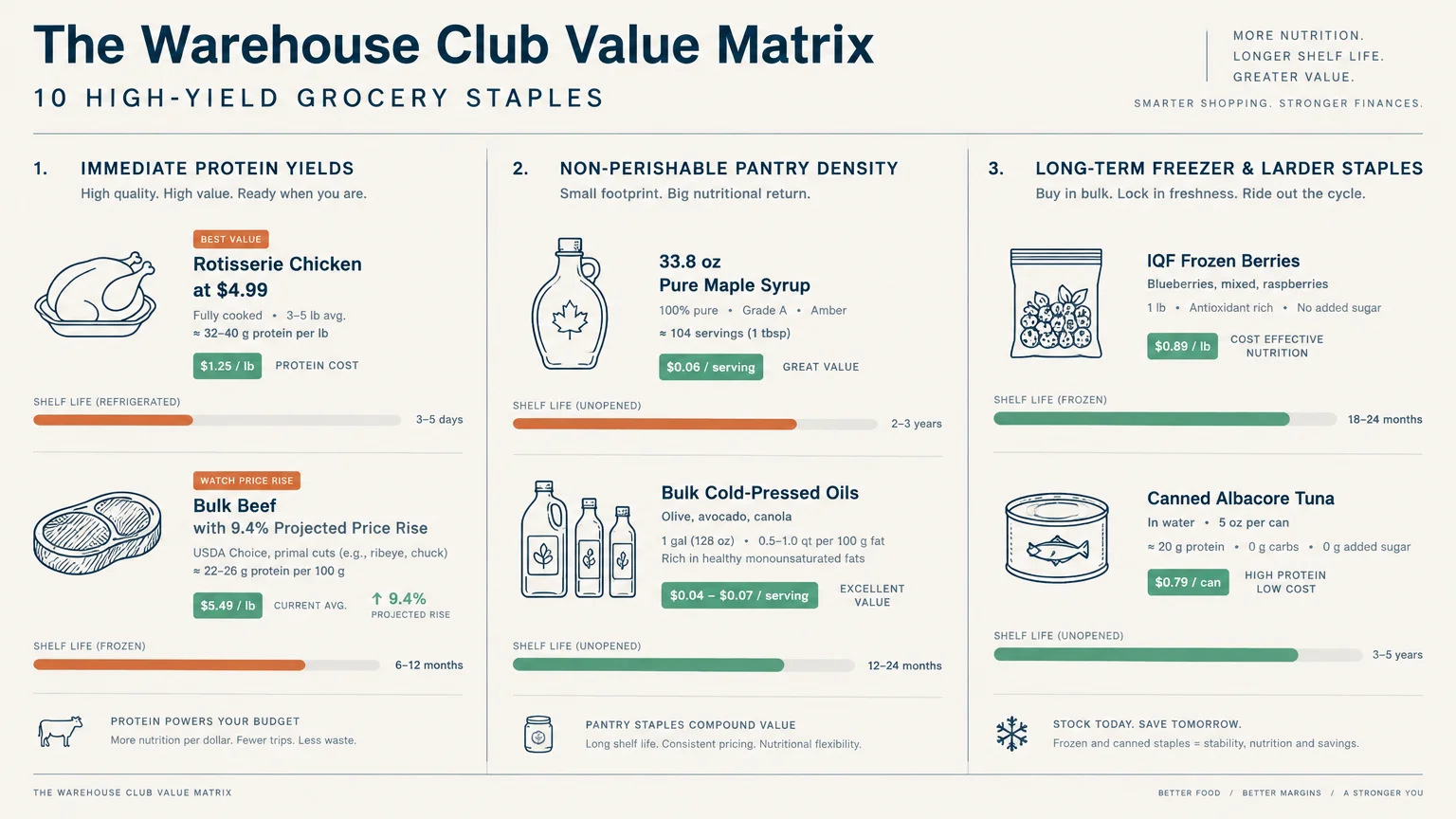 Infographic titled The Warehouse Club Value Matrix comparing grocery staples across protein, pantry, and freezer categories.