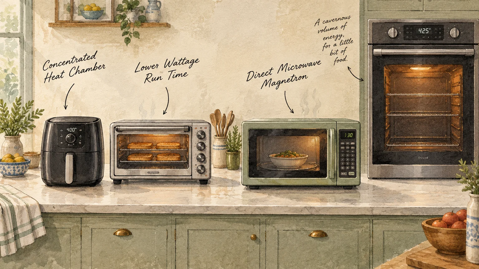 Illustration of an air fryer, toaster oven, microwave, and wall oven on a kitchen counter with handwritten labels.