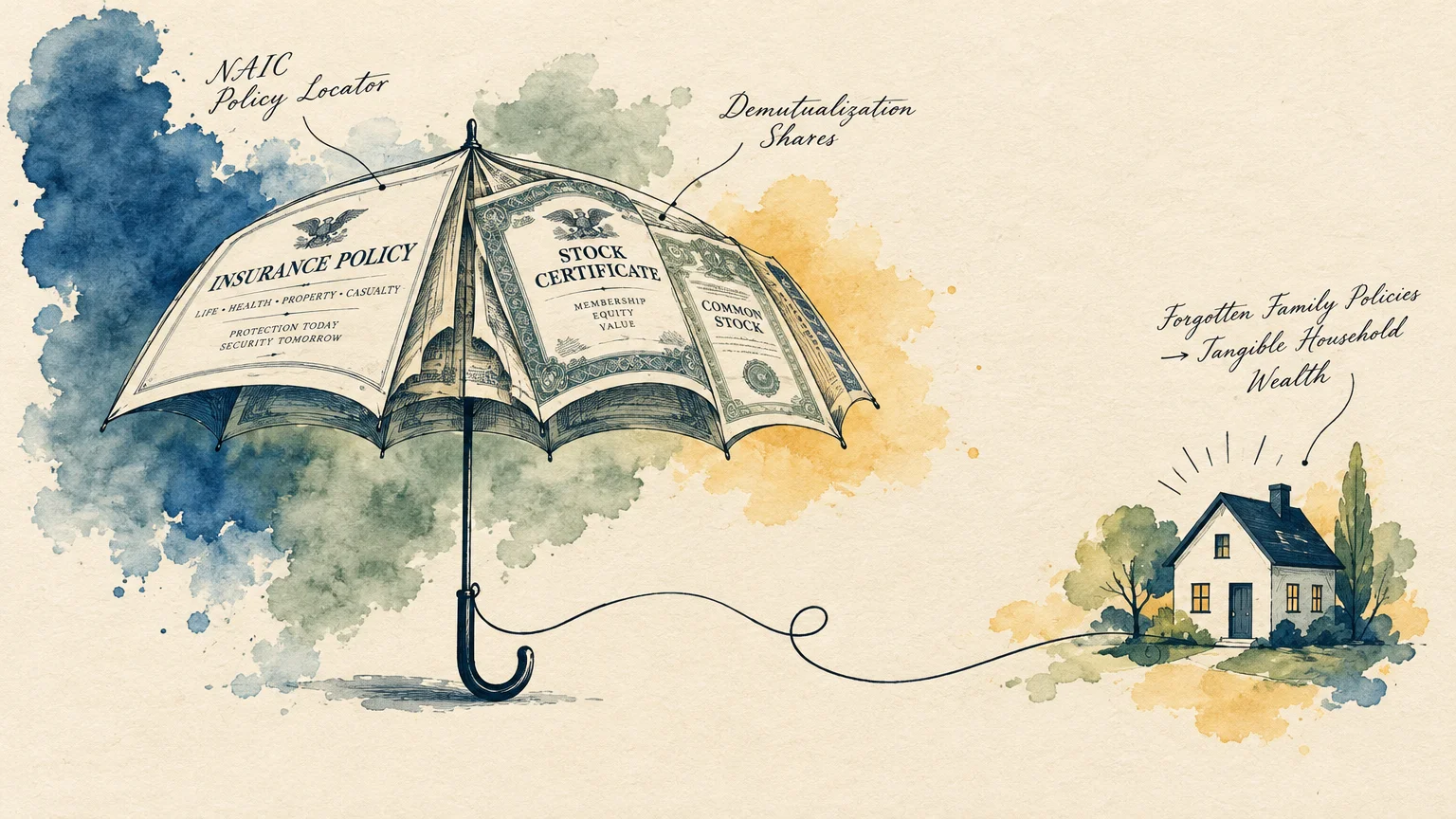 Watercolor illustration of an umbrella made of stock certificates and an insurance policy connected by a line to a small house.