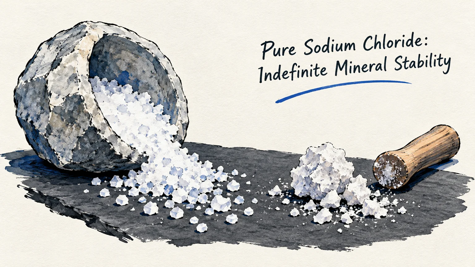 Illustration of salt crystals spilling from a stone bowl beside a small salt pile and wooden pestle on a dark slate surface.