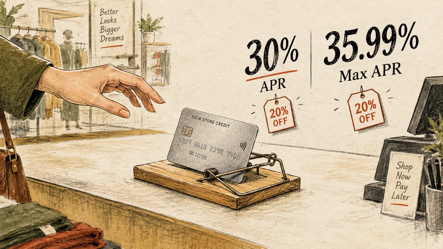 Hand reaching toward a store credit card set inside a mousetrap on a checkout counter beneath high APR graphics.