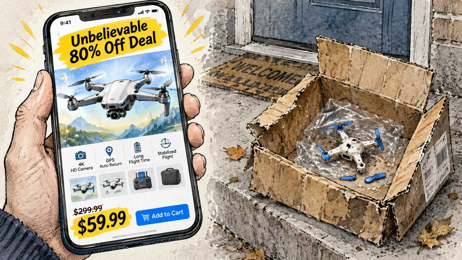 Hand holding a phone showing a drone discount deal beside a battered box containing a cheap broken drone on a porch.