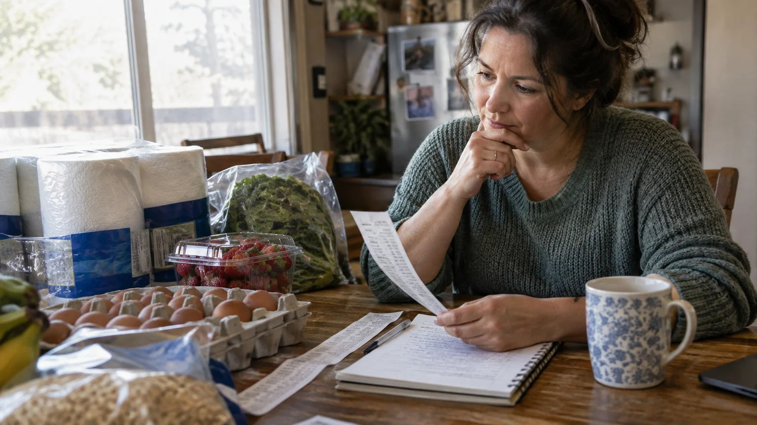 A woman sitting at a table with bulk groceries, holding a long receipt while reviewing a notebook and sipping coffee.