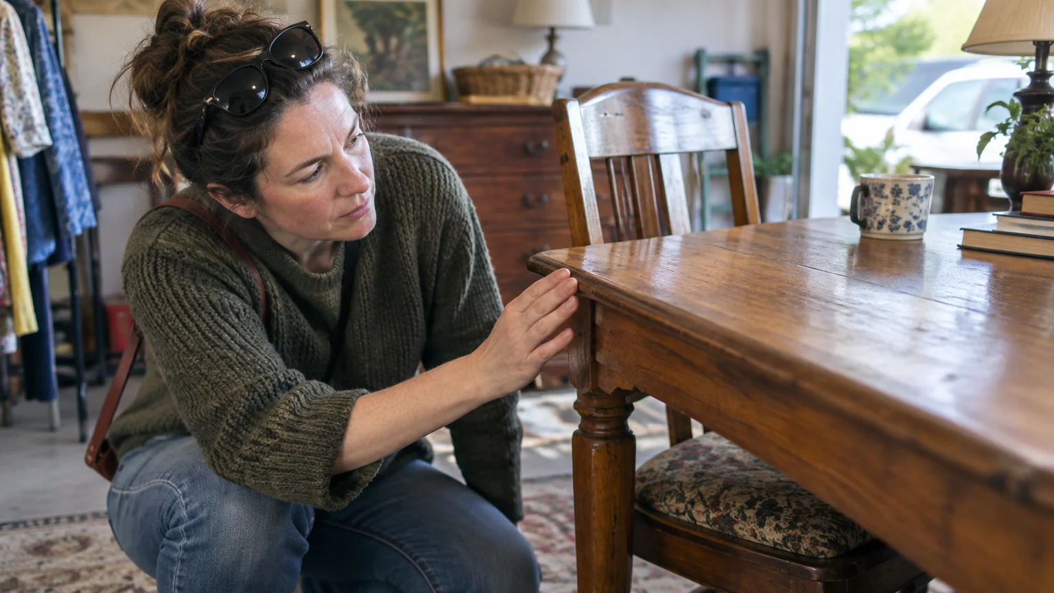 A woman crouches down indoors to closely inspect the wooden corner and edge of a rustic dining table.