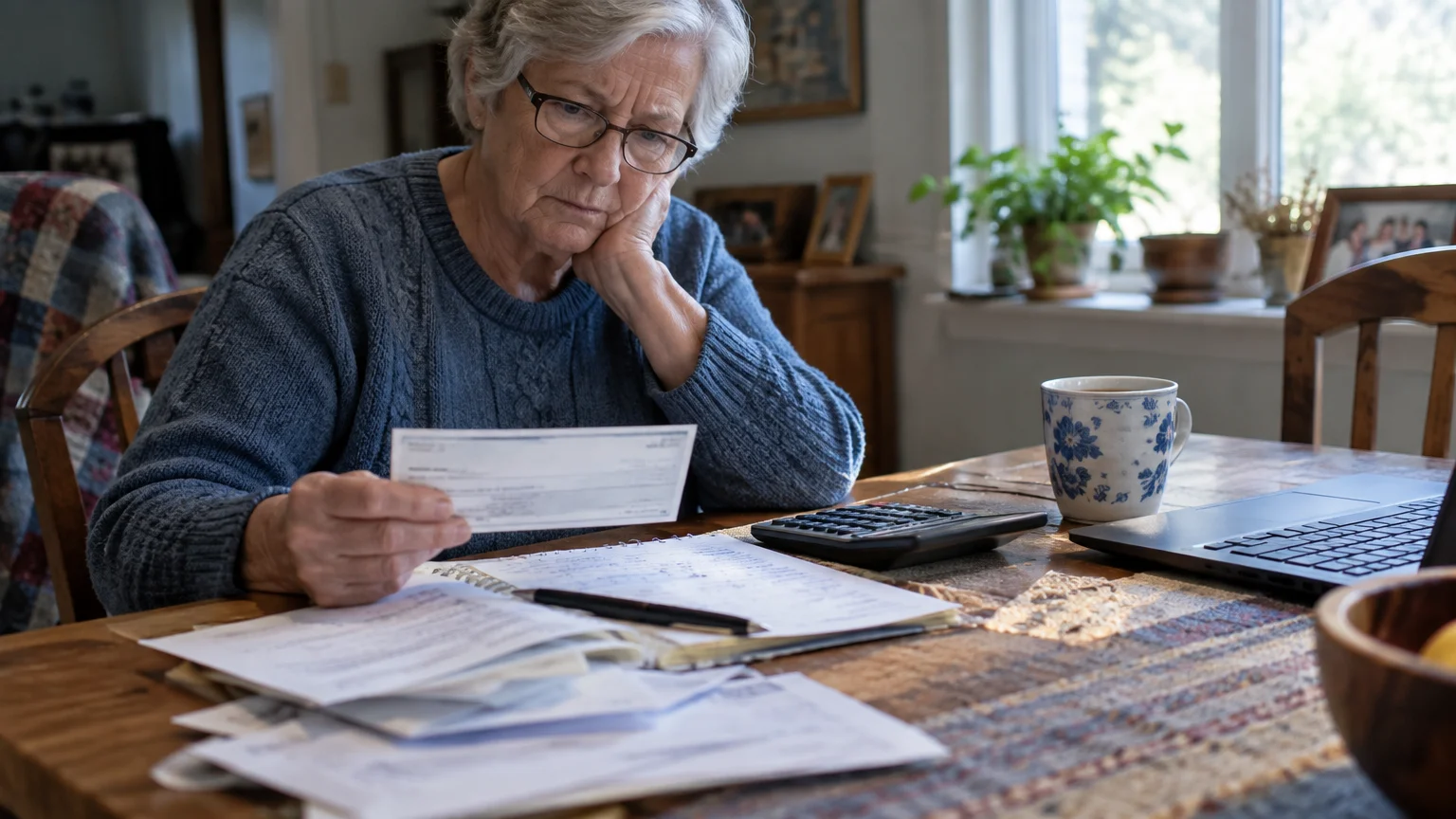 Senior woman wearing glasses sits at a dining table holding a check, surrounded by paperwork, a calculator, and a laptop.