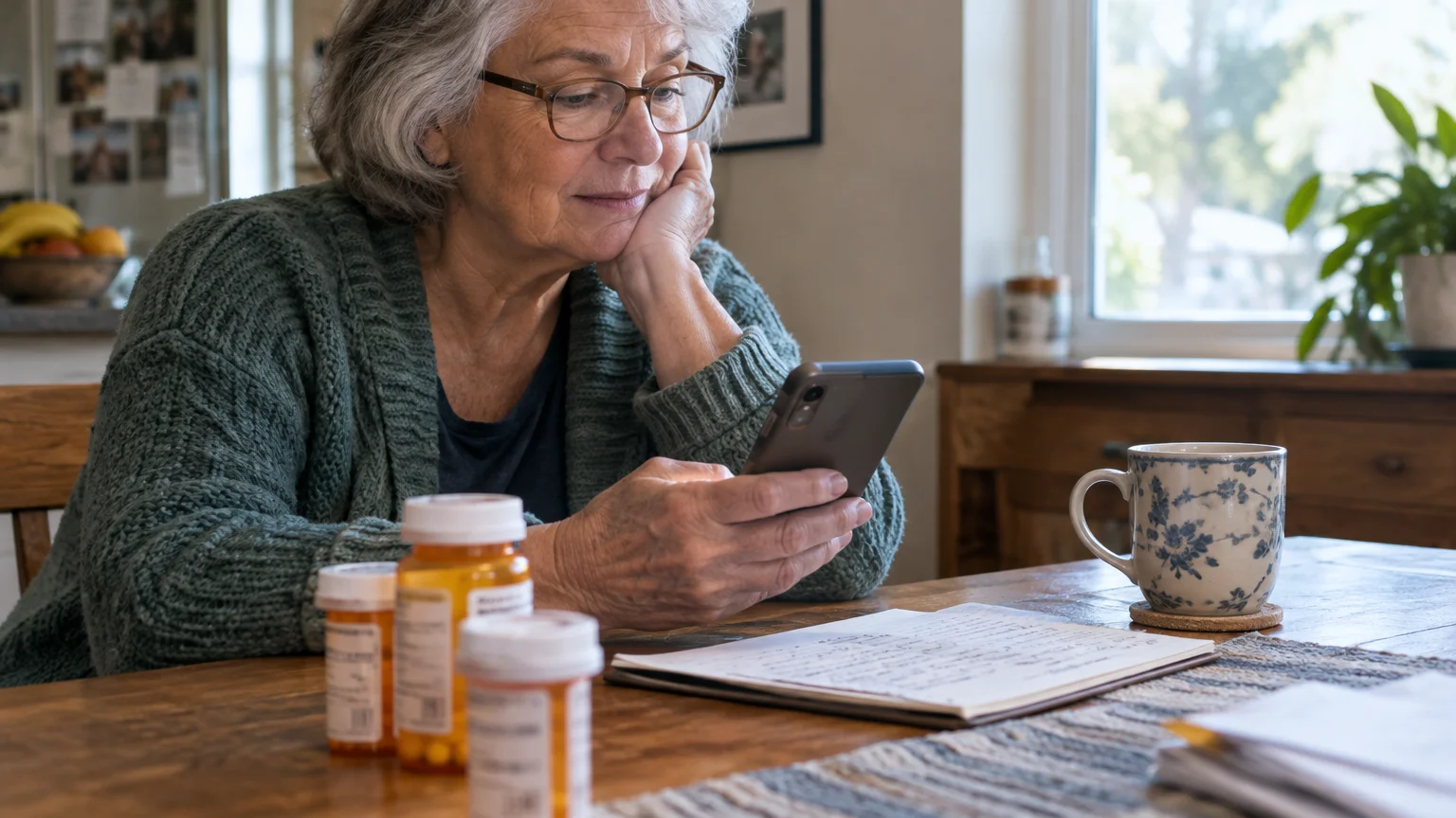 A senior woman wearing glasses sits at a wooden table looking at her smartphone near prescription pill bottles.