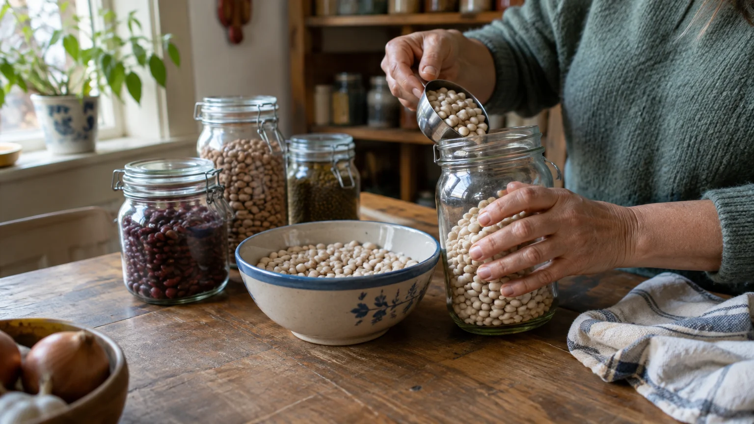 A person using a metal scoop to transfer white dry beans from a bowl into a glass storage jar on a wooden table.