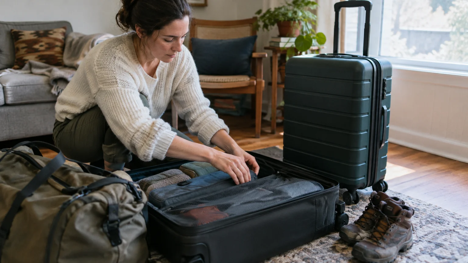 A woman kneeling on a rug packs an open suitcase near a green hard-shell rolling carry-on and a duffel bag.