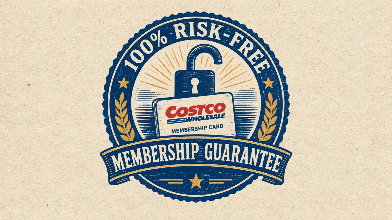 Circular blue and gold emblem featuring an open padlock, a Costco membership card, and Membership Guarantee text.