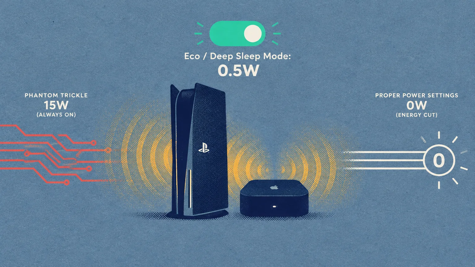 Graphic of a gaming console and streaming box comparing 15W phantom trickle to 0.5W eco mode and 0W proper settings.