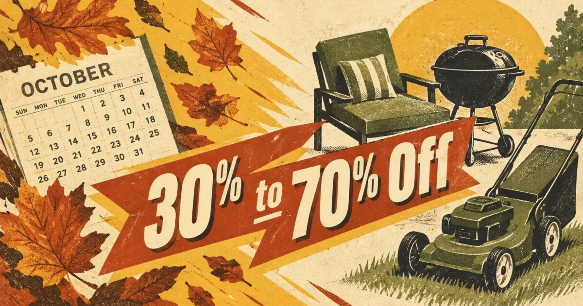 Illustration of an October calendar, autumn leaves, patio chair, charcoal grill, lawn mower, and "30% to 70% Off" banner.