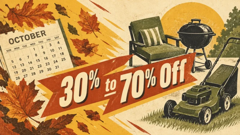 Illustration of an October calendar, autumn leaves, patio chair, charcoal grill, lawn mower, and "30% to 70% Off" banner.