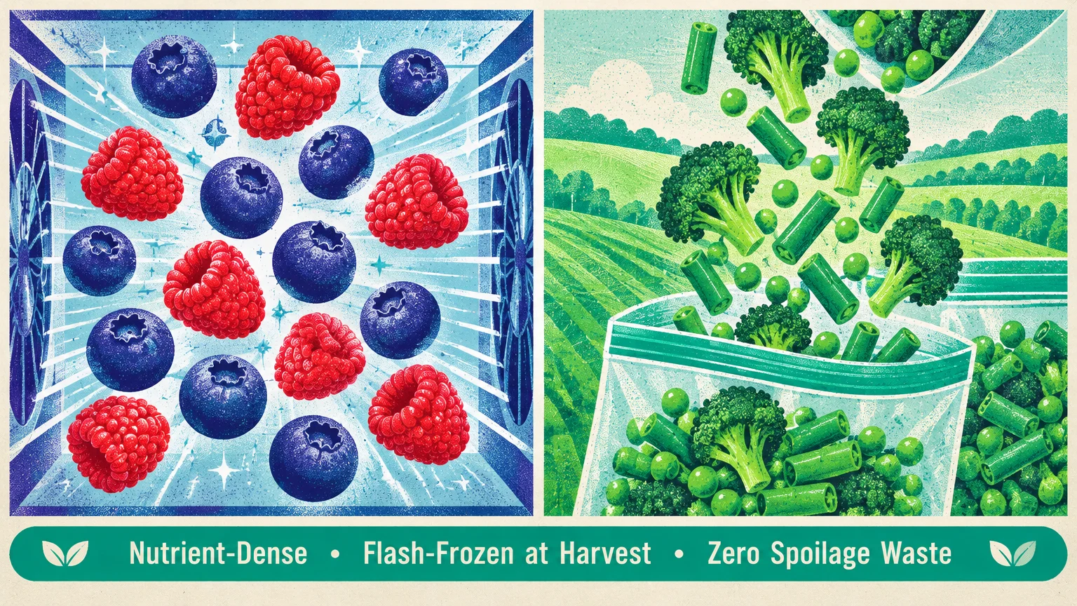 Split illustration of frozen blueberries and raspberries in ice alongside green vegetables pouring into freezer bags.