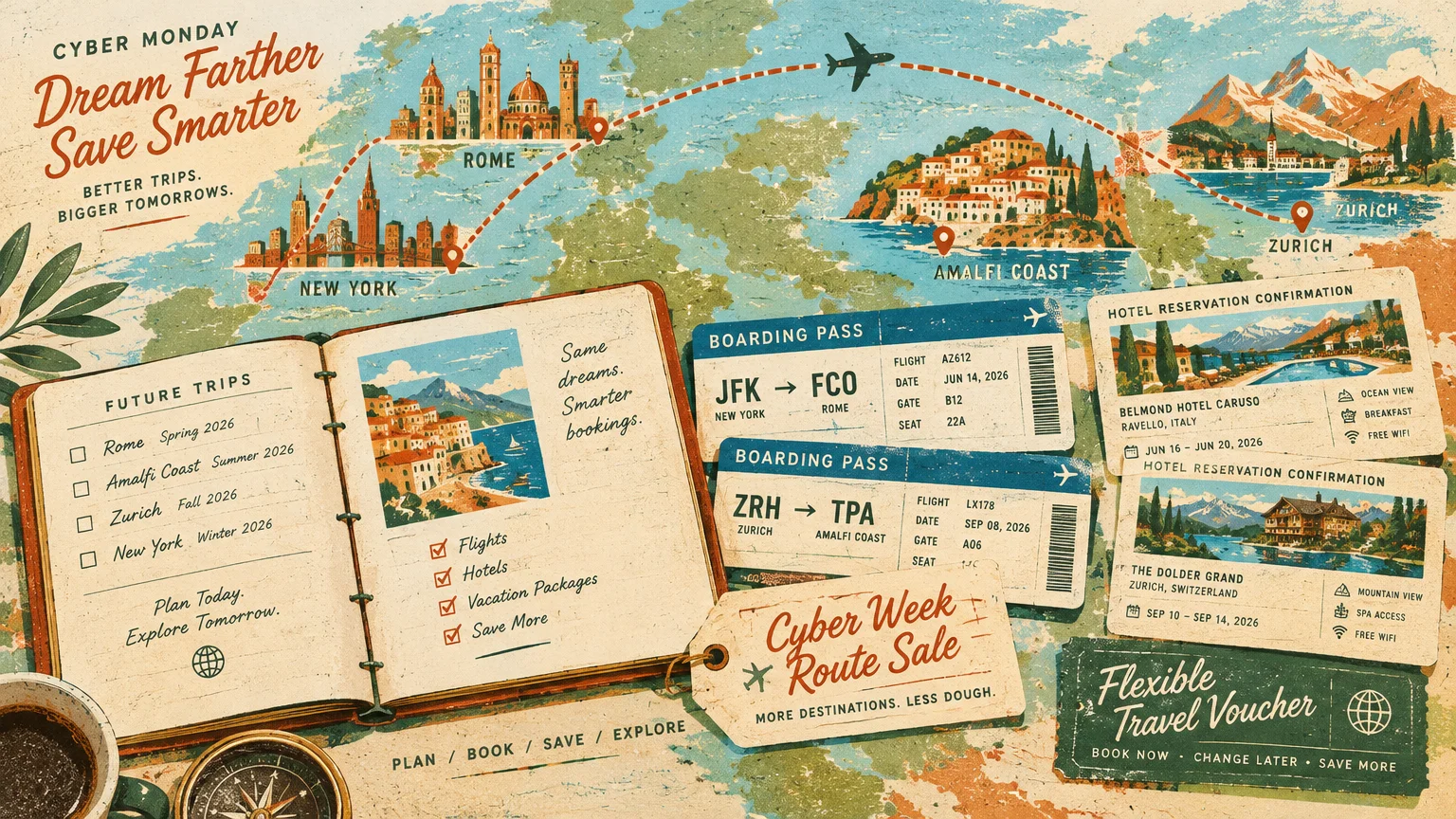 Retro travel illustration with an open planner, boarding passes, hotel confirmations, and flight routes across a world map.