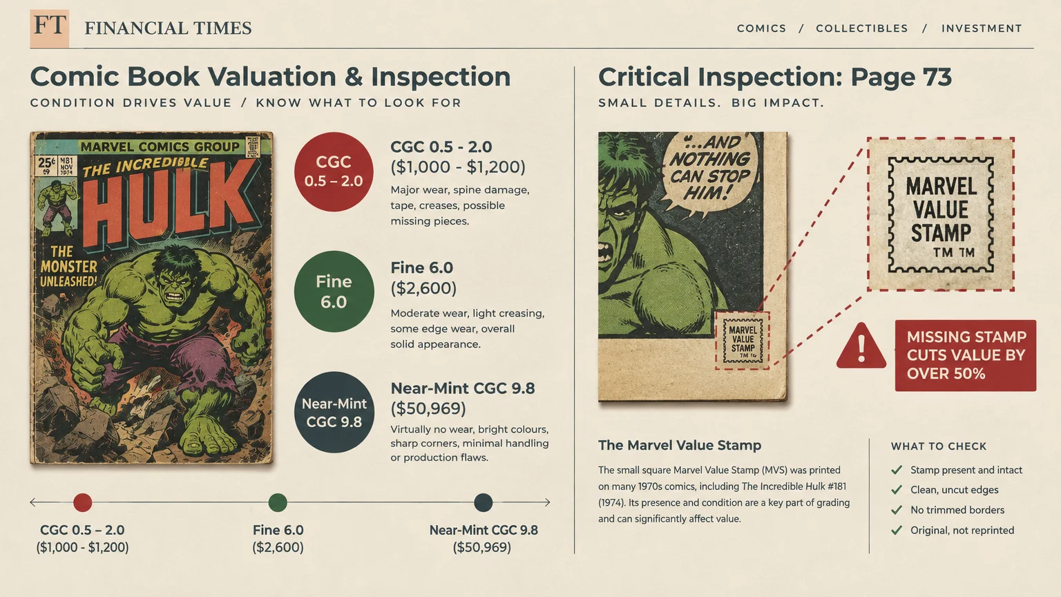Comic book valuation guide showing The Incredible Hulk #181 grade tiers and an inspection diagram of the Marvel Value Stamp.