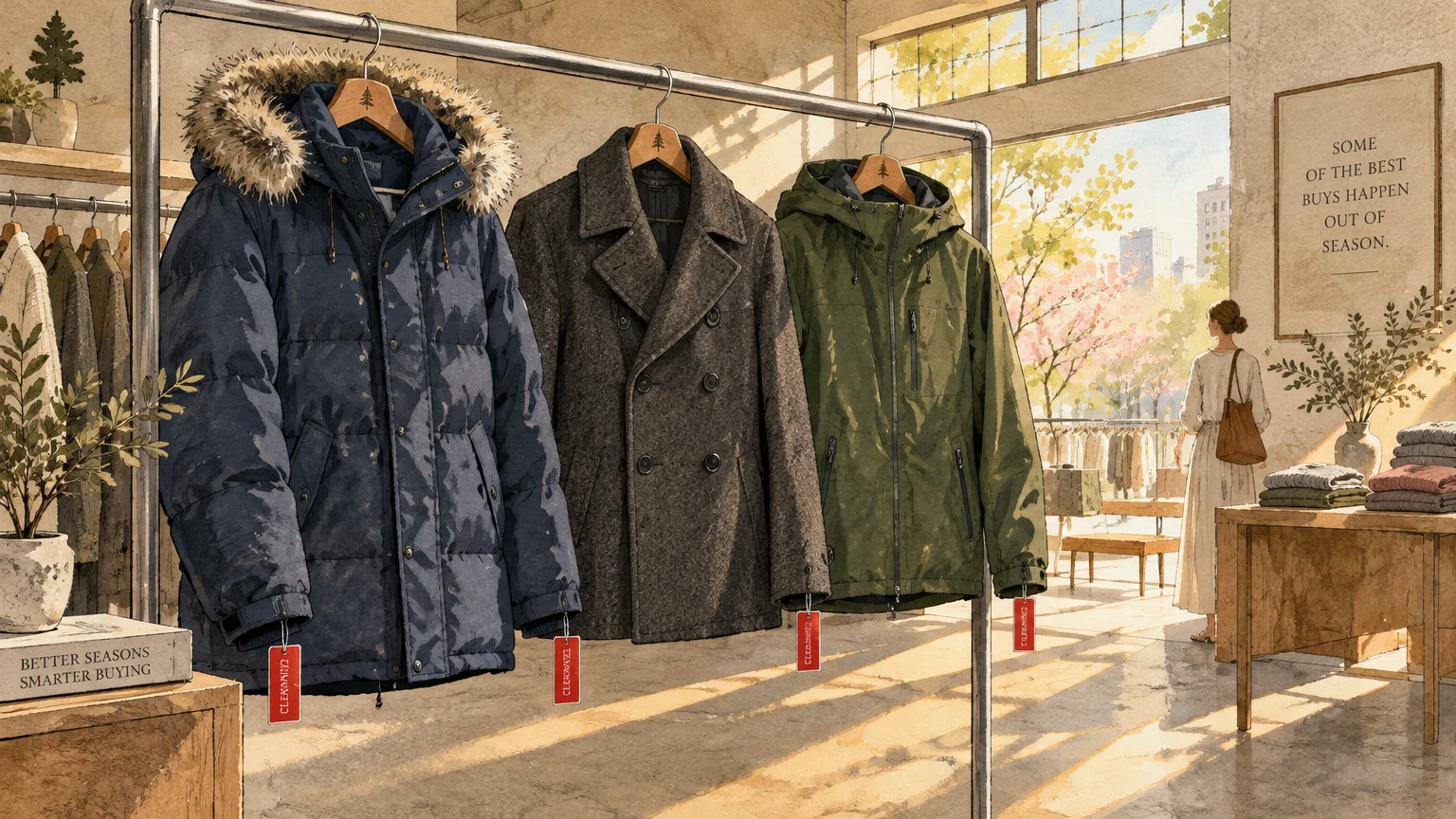 Gouache and ink illustration of winter coats with red clearance tags hanging on a metal rack inside a sunlit boutique.